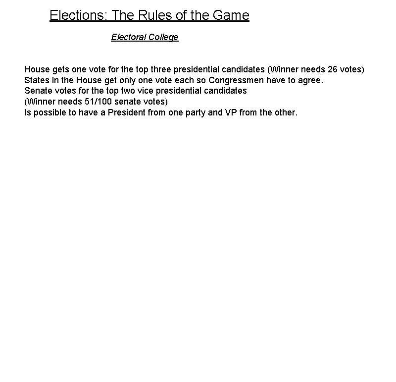 Elections: The Rules of the Game Electoral College House gets one vote for the