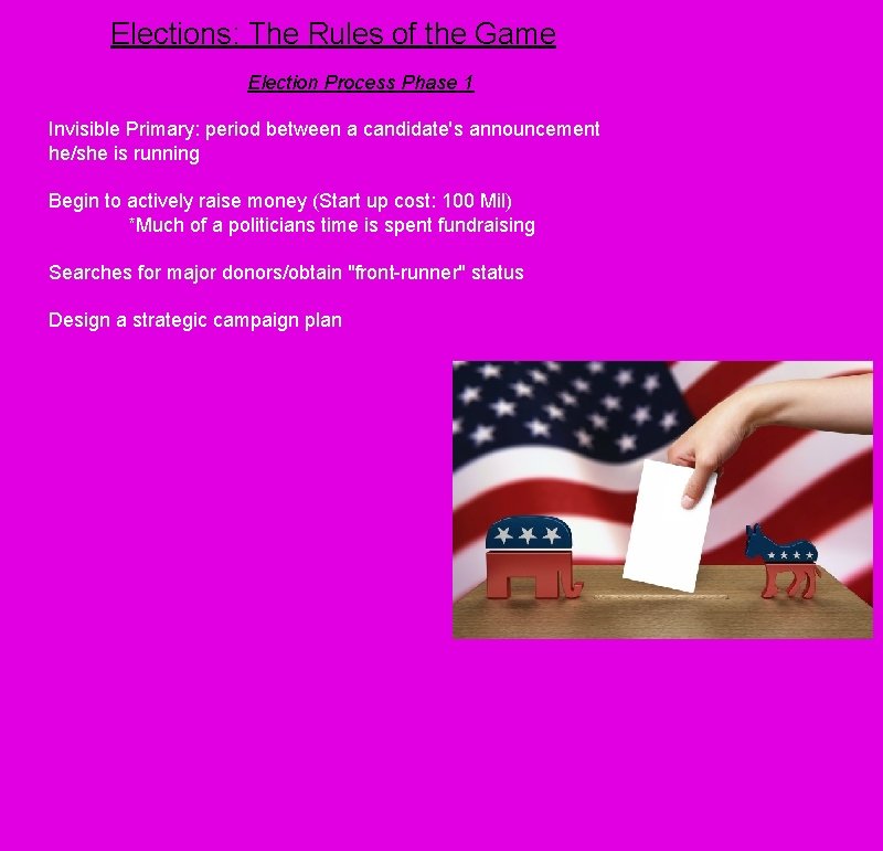 Elections: The Rules of the Game Election Process Phase 1 Invisible Primary: period between