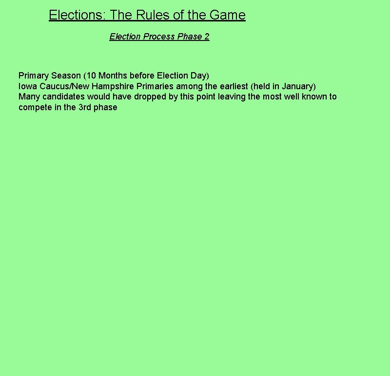 Elections: The Rules of the Game Election Process Phase 2 Primary Season (10 Months