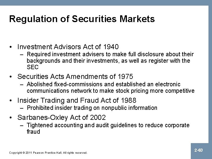 Regulation of Securities Markets • Investment Advisors Act of 1940 – Required investment advisers