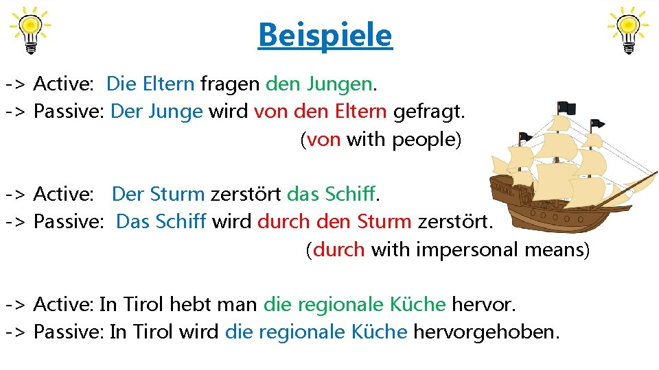 Beispiele -> Active: Die Eltern fragen den Jungen. -> Passive: Der Junge wird von