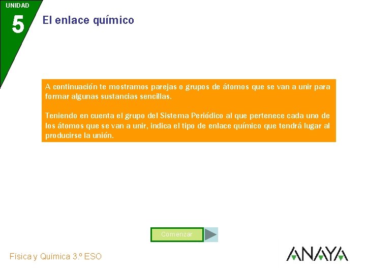 UNIDAD 5 El enlace químico A continuación te mostramos parejas o grupos de átomos