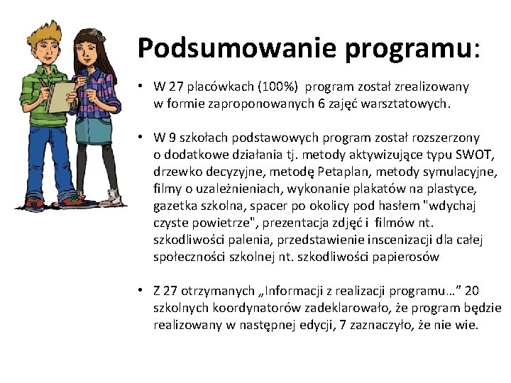 Podsumowanie programu: • W 27 placówkach (100%) program został zrealizowany w formie zaproponowanych 6