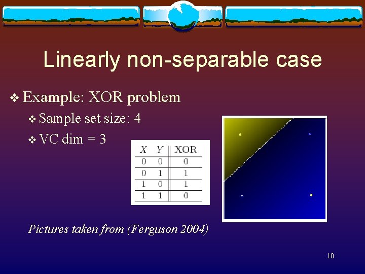 Linearly non-separable case v Example: XOR problem v Sample set size: 4 v VC