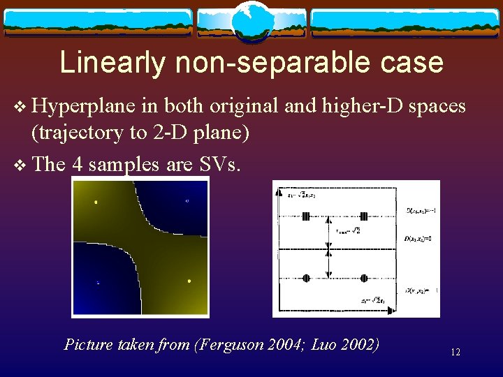 Linearly non-separable case v Hyperplane in both original and higher-D spaces (trajectory to 2
