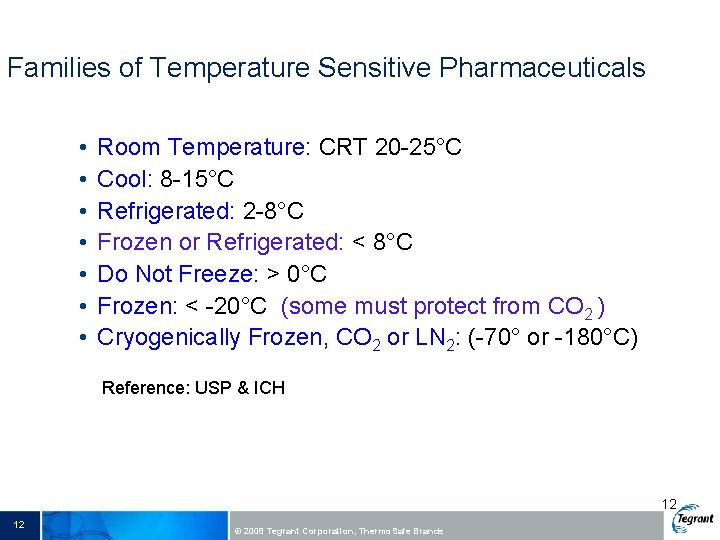 Families of Temperature Sensitive Pharmaceuticals • • Room Temperature: CRT 20 -25°C Cool: 8