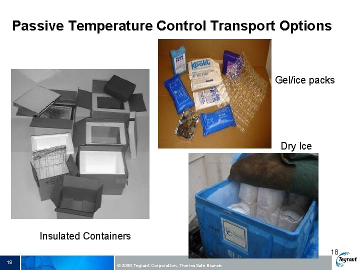 Passive Temperature Control Transport Options Gel/ice packs Dry Ice Insulated Containers 18 18 ©