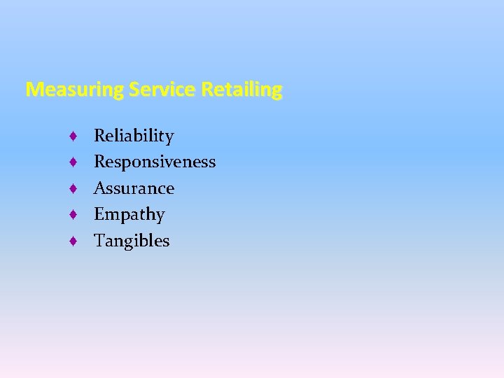 Measuring Service Retailing ♦ ♦ ♦ Reliability Responsiveness Assurance Empathy Tangibles 