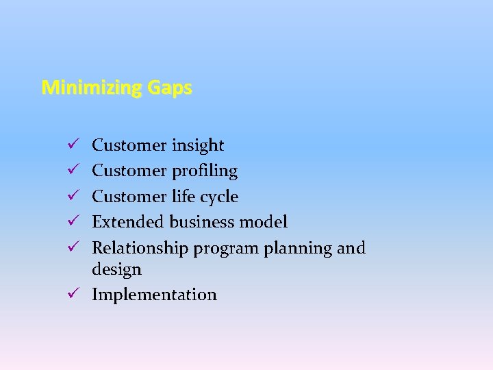 Minimizing Gaps Customer insight Customer profiling Customer life cycle Extended business model Relationship program