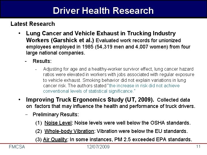 Driver Health Research Latest Research • Lung Cancer and Vehicle Exhaust in Trucking Industry