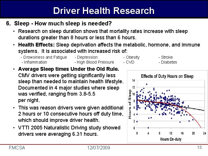 Driver Health Research 6. Sleep - How much sleep is needed? • Research on