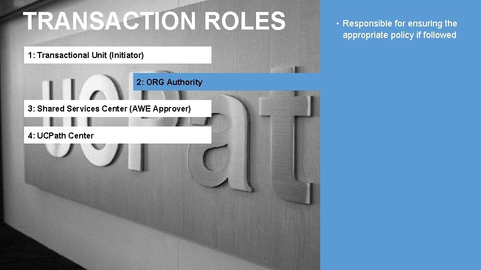 TRANSACTION ROLES 1: Transactional Unit (Initiator) 2: ORG Authority 3: Shared Services Center (AWE