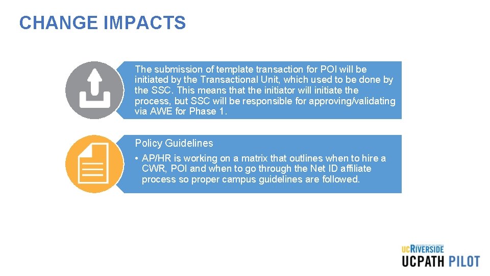 CHANGE IMPACTS The submission of template transaction for POI will be initiated by the