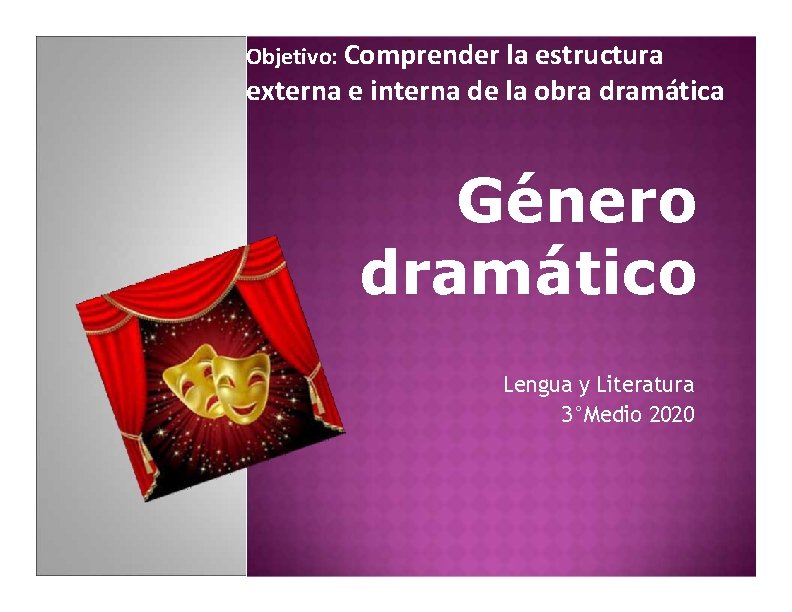 Objetivo: Comprender la estructura externa e interna de la obra dramática Género dramático Lengua