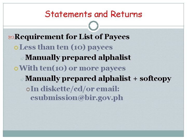 Statements and Returns Requirement for List of Payees Less than ten (10) payees Manually