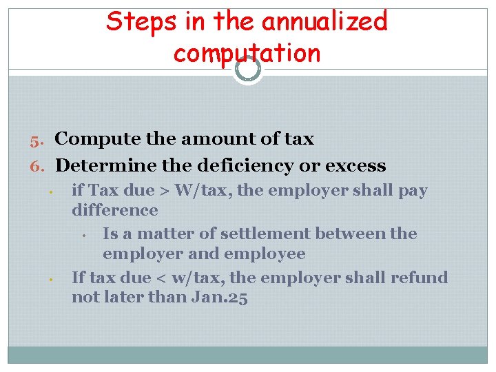 Steps in the annualized computation 5. Compute the amount of tax 6. Determine the