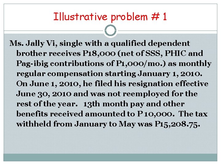 Illustrative problem # 1 Ms. Jally Vi, single with a qualified dependent brother receives