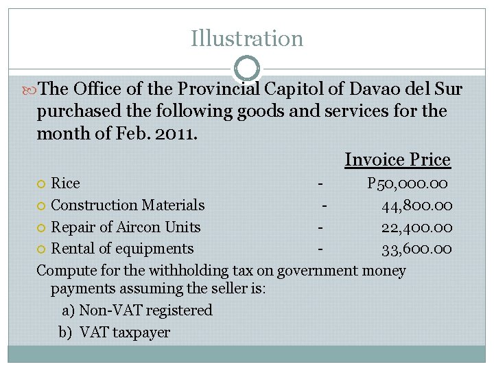 Illustration The Office of the Provincial Capitol of Davao del Sur purchased the following