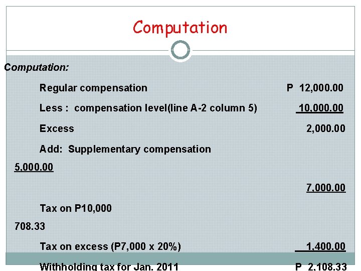 Computation: Regular compensation Less : compensation level(line A-2 column 5) Excess P 12, 000.