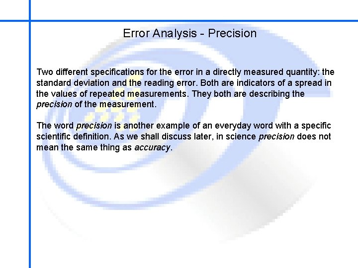 School of Mechatronics Engineering Error Analysis - Precision Two different specifications for the error