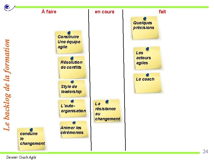 À faire en cours fait Quelques précisions Le backlog de la formation Construire Une