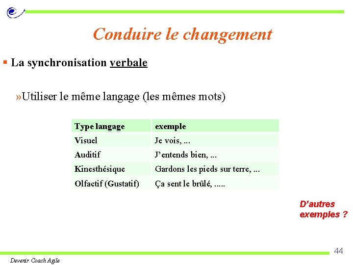 Conduire le changement § La synchronisation verbale » Utiliser le même langage (les mêmes
