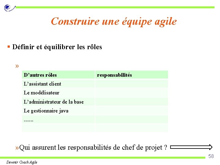 Construire une équipe agile § Définir et équilibrer les rôles » D’autres rôles responsabilités