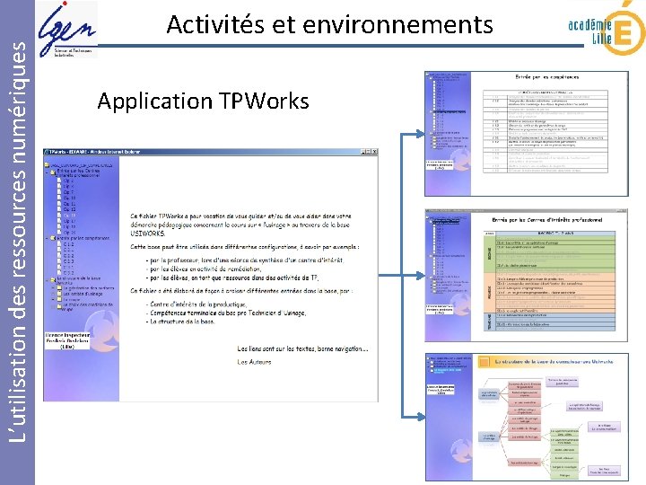 L’utilisation des ressources numériques Activités et environnements Application TPWorks 