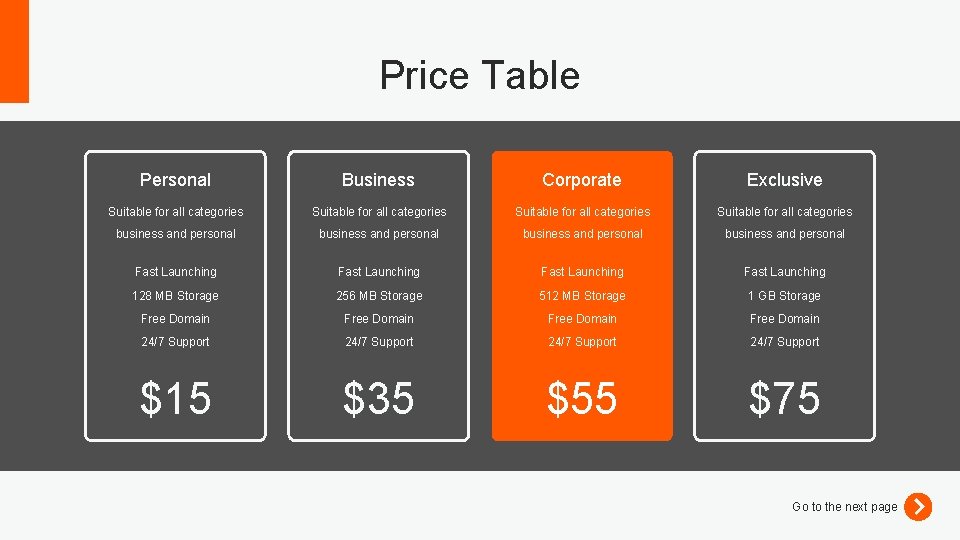 Price Table Personal Business Corporate Exclusive Suitable for all categories business and personal Fast
