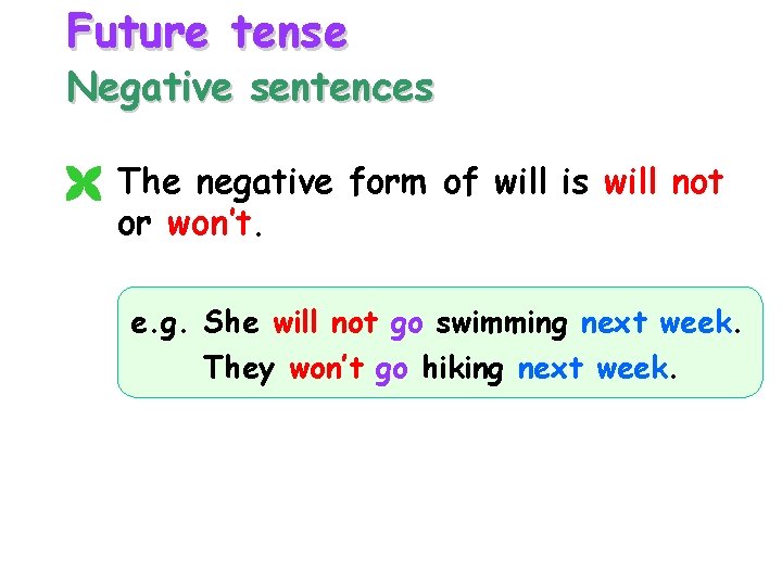 Future tense Negative sentences The negative form of will is will not or won’t. Future tense Negative sentences The negative form of will is will not or won’t.