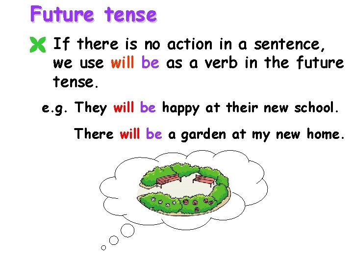 Future tense If there is no action in a sentence, we use will be Future tense If there is no action in a sentence, we use will be