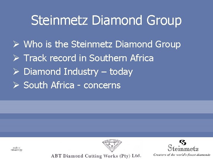 Steinmetz Diamond Group Ø Ø Who is the Steinmetz Diamond Group Track record in