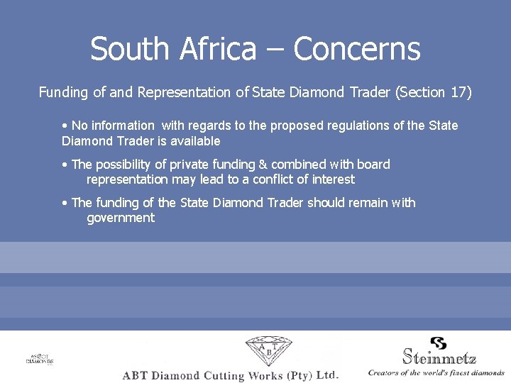 South Africa – Concerns Funding of and Representation of State Diamond Trader (Section 17)