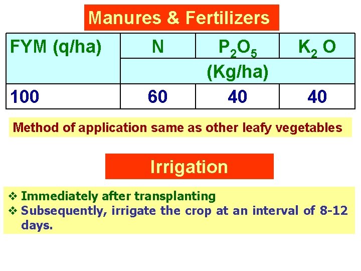 Manures & Fertilizers FYM (q/ha) N 100 60 P 2 O 5 (Kg/ha) 40