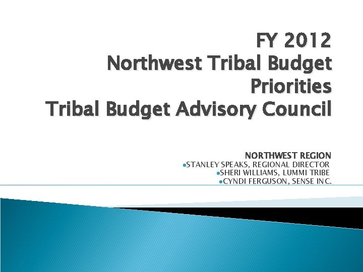 FY 2012 Northwest Tribal Budget Priorities Tribal Budget Advisory Council l. STANLEY NORTHWEST REGION