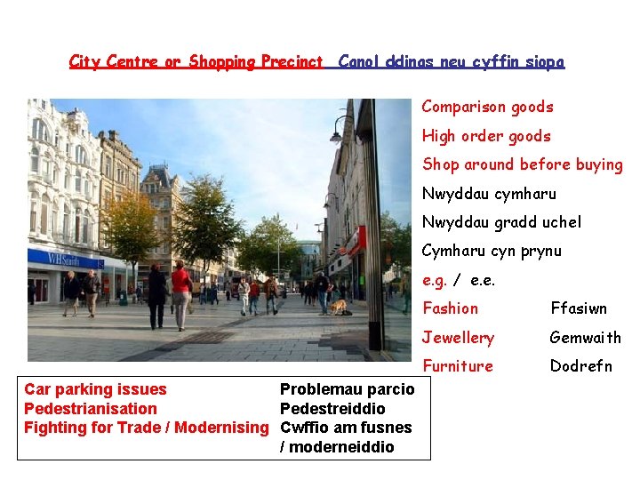 City Centre or Shopping Precinct Canol ddinas neu cyffin siopa Comparison goods High order