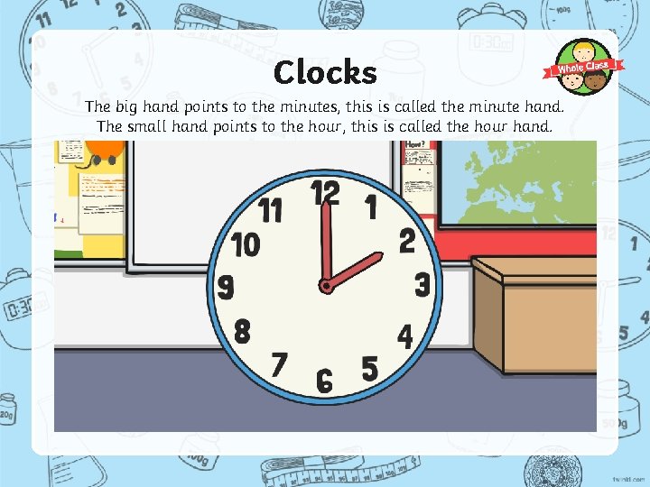 Clocks The big hand points to the minutes, this is called the minute hand.