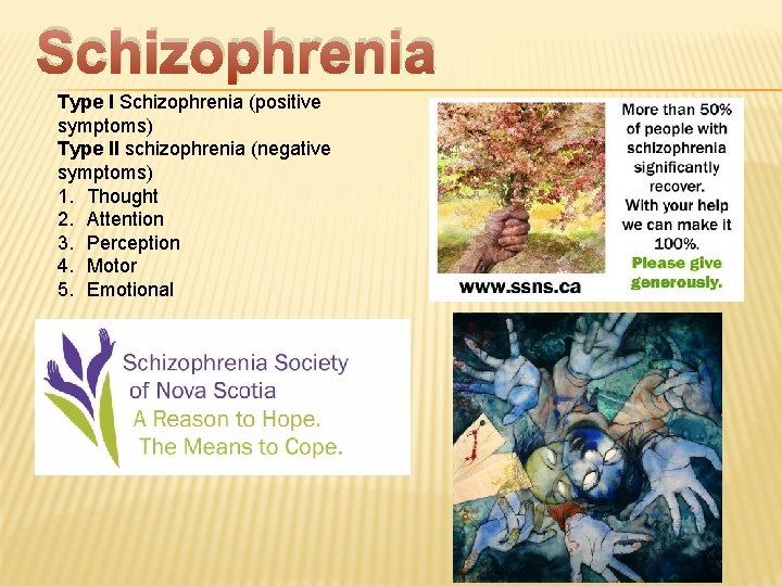Schizophrenia Type I Schizophrenia (positive symptoms) Type II schizophrenia (negative symptoms) 1. Thought 2.