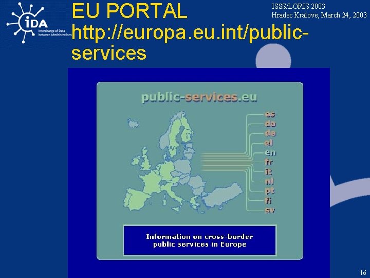 EU PORTAL http: //europa. eu. int/publicservices ISSS/LORIS 2003 Hradec Kralove, March 24, 2003 16