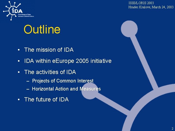 ISSS/LORIS 2003 Hradec Kralove, March 24, 2003 Outline • The mission of IDA •