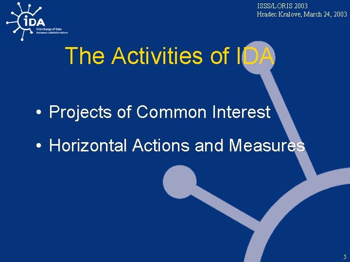 ISSS/LORIS 2003 Hradec Kralove, March 24, 2003 The Activities of IDA • Projects of