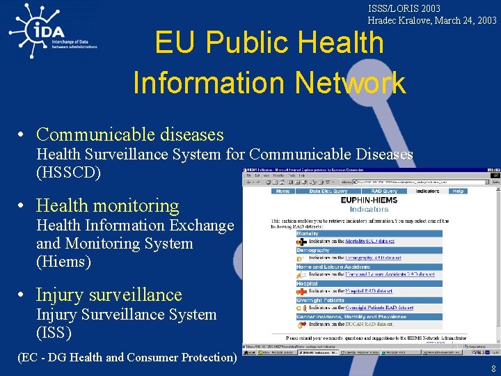 ISSS/LORIS 2003 Hradec Kralove, March 24, 2003 EU Public Health Information Network • Communicable