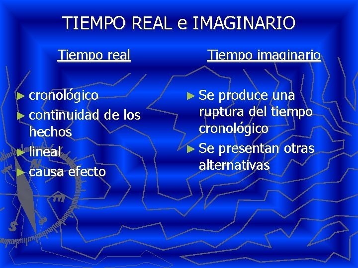 TIEMPO REAL e IMAGINARIO Tiempo real ► cronológico ► continuidad Tiempo imaginario ► Se