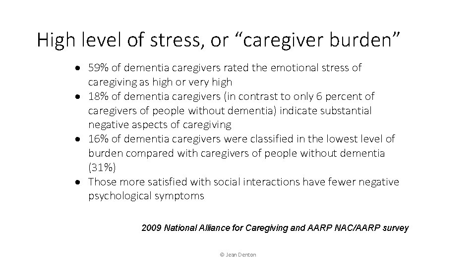 High level of stress, or “caregiver burden” 59% of dementia caregivers rated the emotional