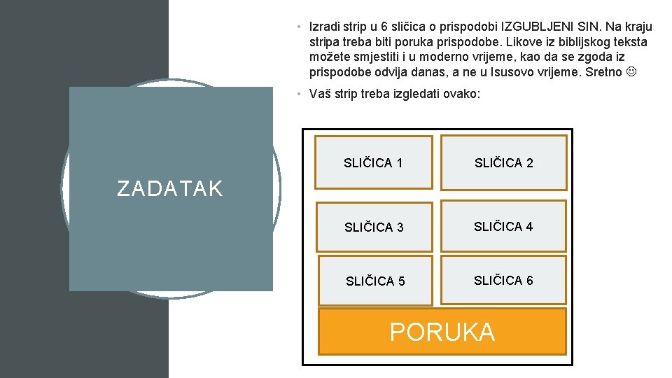  • Izradi strip u 6 sličica o prispodobi IZGUBLJENI SIN. Na kraju stripa