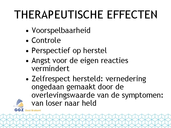 THERAPEUTISCHE EFFECTEN • • Voorspelbaarheid Controle Perspectief op herstel Angst voor de eigen reacties
