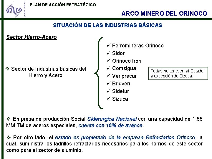 PLAN DE ACCIÓN ESTRATÉGICO ARCO MINERO DEL ORINOCO SITUACIÓN DE LAS INDUSTRIAS BÁSICAS Sector