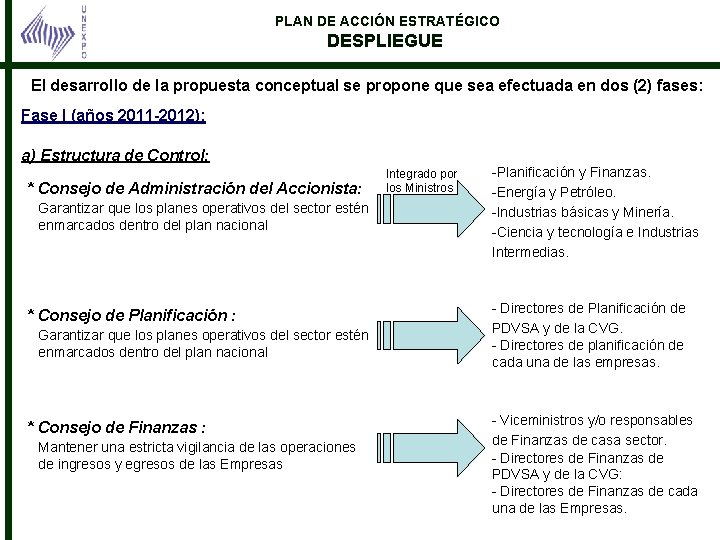 PLAN DE ACCIÓN ESTRATÉGICO DESPLIEGUE El desarrollo de la propuesta conceptual se propone que