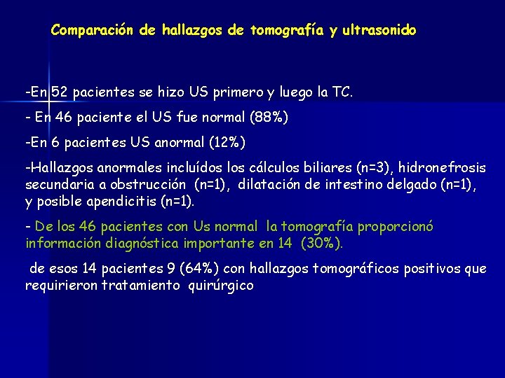 Comparación de hallazgos de tomografía y ultrasonido -En 52 pacientes se hizo US primero