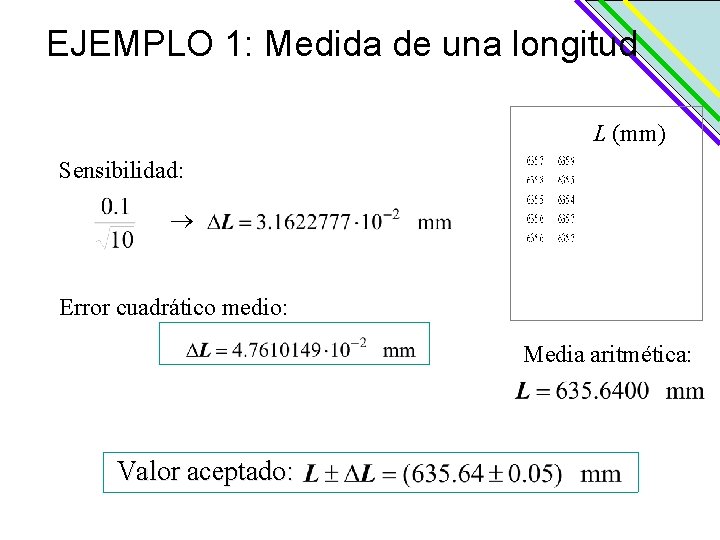 EJEMPLO 1: Medida de una longitud L (mm) Sensibilidad: Error cuadrático medio: Media aritmética: